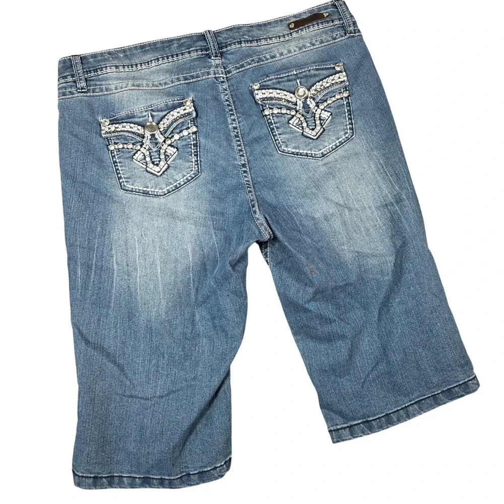 Royalty by YMI Blue Jean Long Shorts Bermuda Denim 12 Rhinestone Embellished Y2K